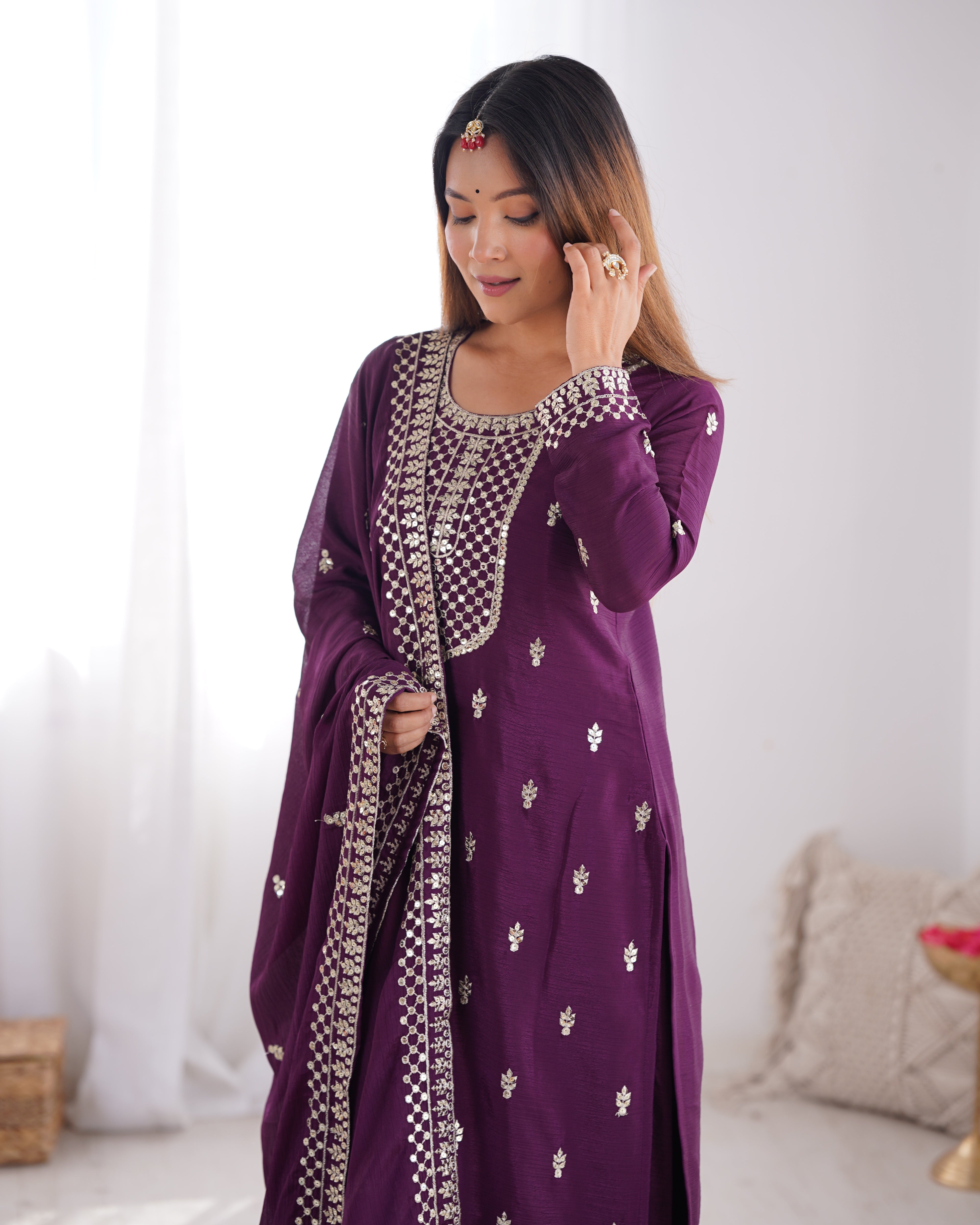 Lorenvalley Purple Chinon Silk Embroidery Sequence and Jari Work Kurta Trousers with Dupatta Set