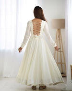 Thumbnail for Lorenvalley White Vichitra Silk Fabric Fully Flared Anarkali Pant With Dupatta Set - Distacart