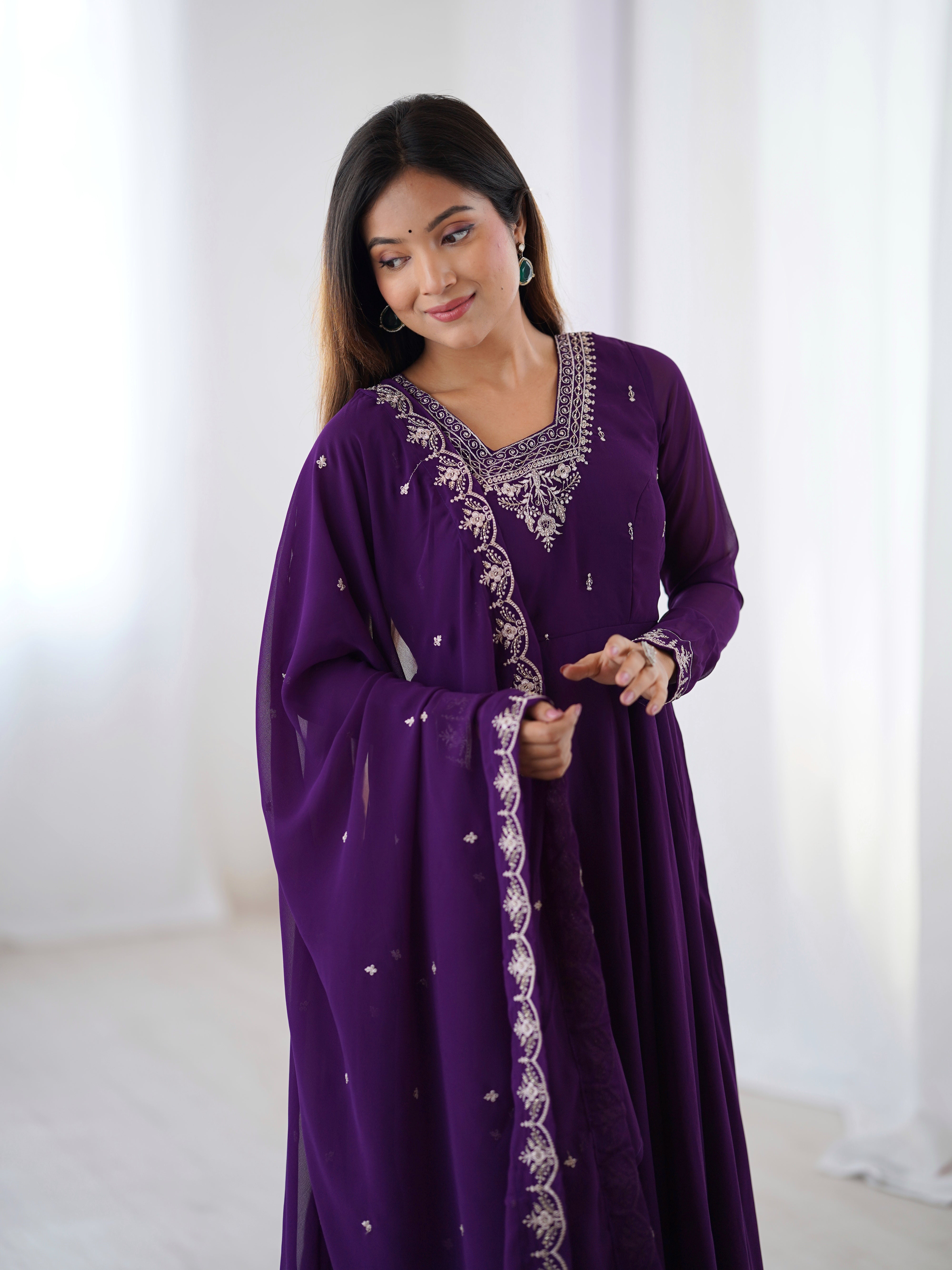 Lorenvalley Purple Faux Georgette Fancy Embroidery Beads And Jari Work Anarkali Kurta Palazzo With Dupatta Set