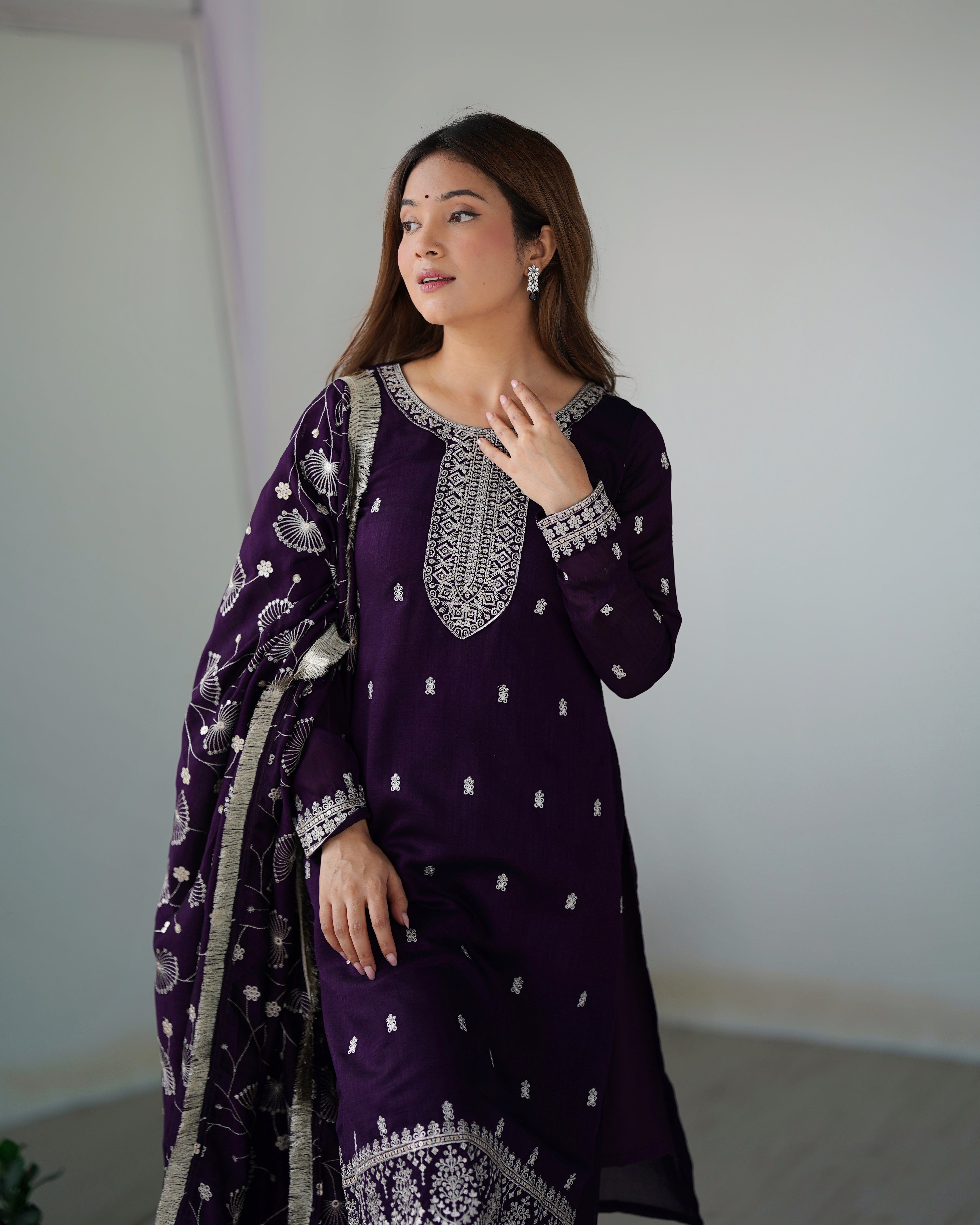 Lorenvalley Purple Rangoli Silk Embroidery Sequence and Jari Work Kurta Trousers with Dupatta Set
