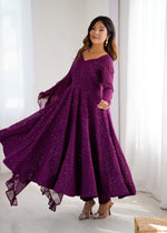 Thumbnail for Lorenvalley Purple Faux Georgette Lukhnowi Sequence Work Anarkali Kurta Pant With Dupatta Set