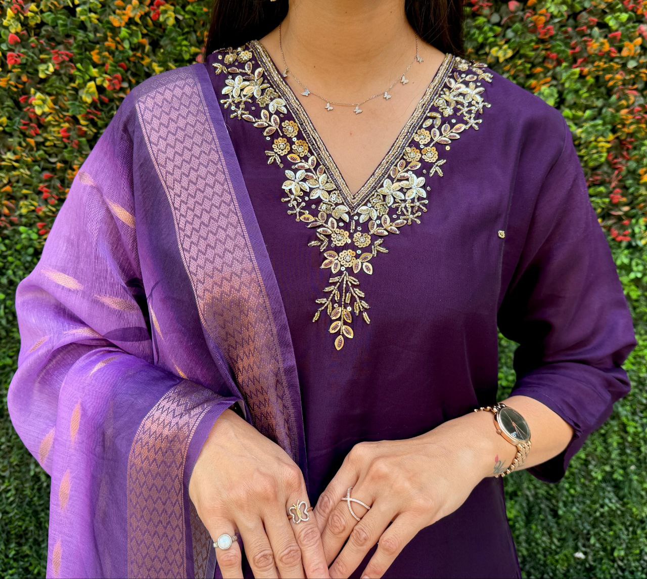 Lorenvalley Fashion Purple Roman Silk Hand Work Kurta Pant with Dupatta