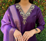 Thumbnail for Lorenvalley Fashion Purple Roman Silk Hand Work Kurta Pant with Dupatta