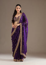 Thumbnail for Lorenvalley Fashion Purple Fendi Satin with Embroidery Double Sequence Work Saree with Blouse