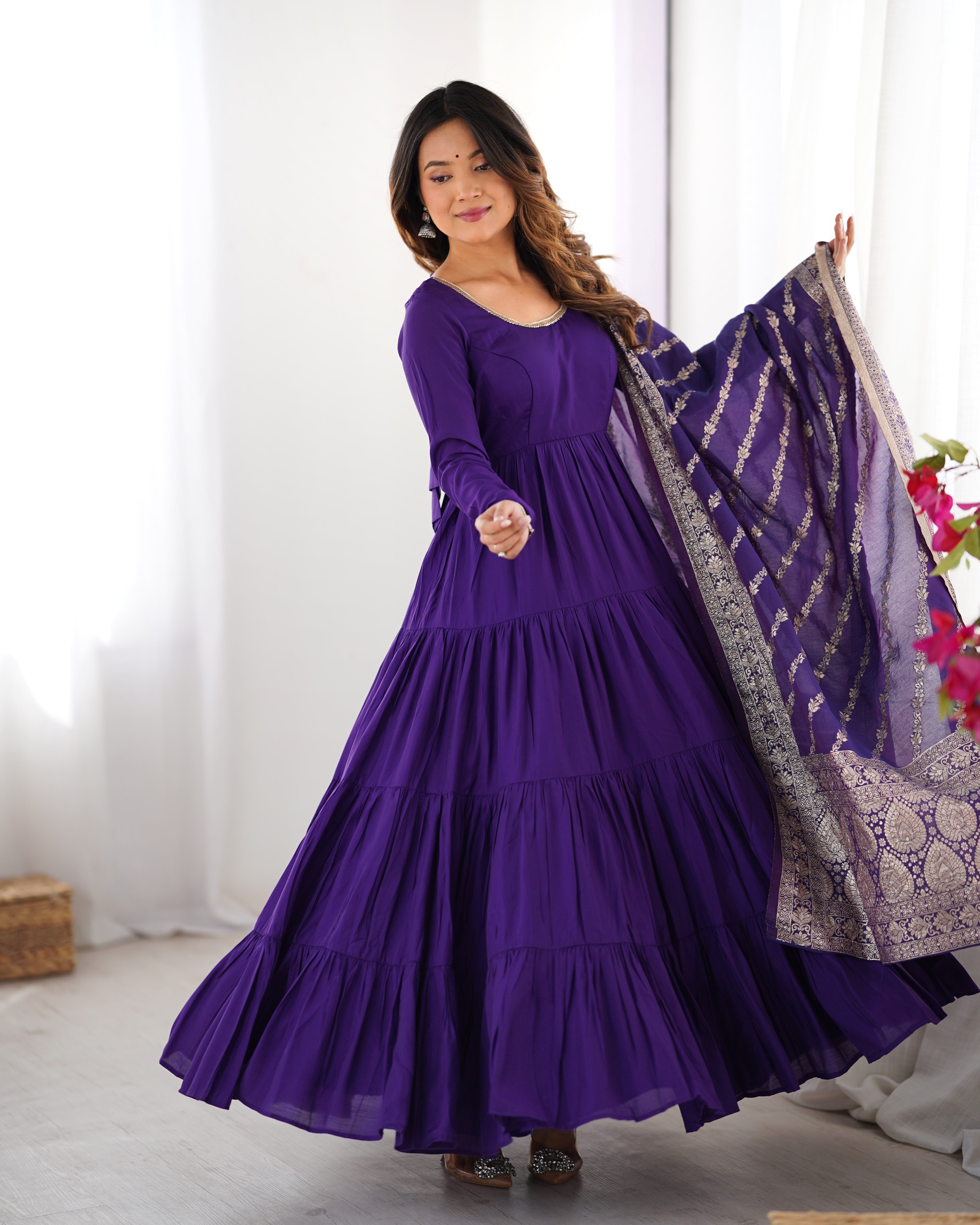Lorenvalley Women Pure Roman silk Chanderi Fabric Layer Gathering Anarkali Kurta Pant With Dupatta Set