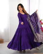 Thumbnail for Lorenvalley Women Pure Roman silk Chanderi Fabric Layer Gathering Anarkali Kurta Pant With Dupatta Set