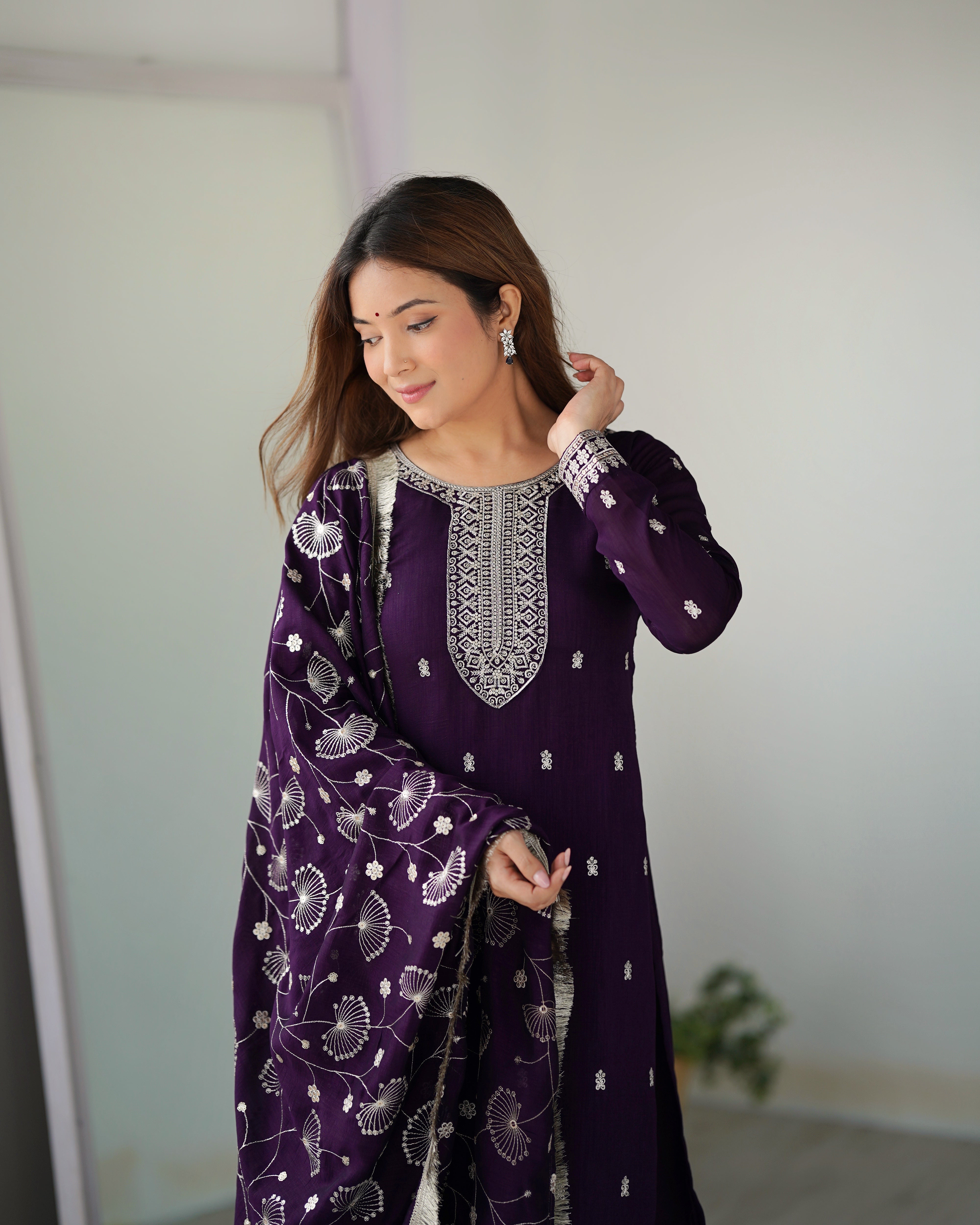 Lorenvalley Purple Rangoli Silk Embroidery Sequence and Jari Work Kurta Trousers with Dupatta Set