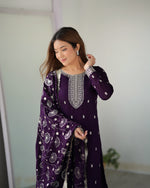 Thumbnail for Lorenvalley Purple Rangoli Silk Embroidery Sequence and Jari Work Kurta Trousers with Dupatta Set