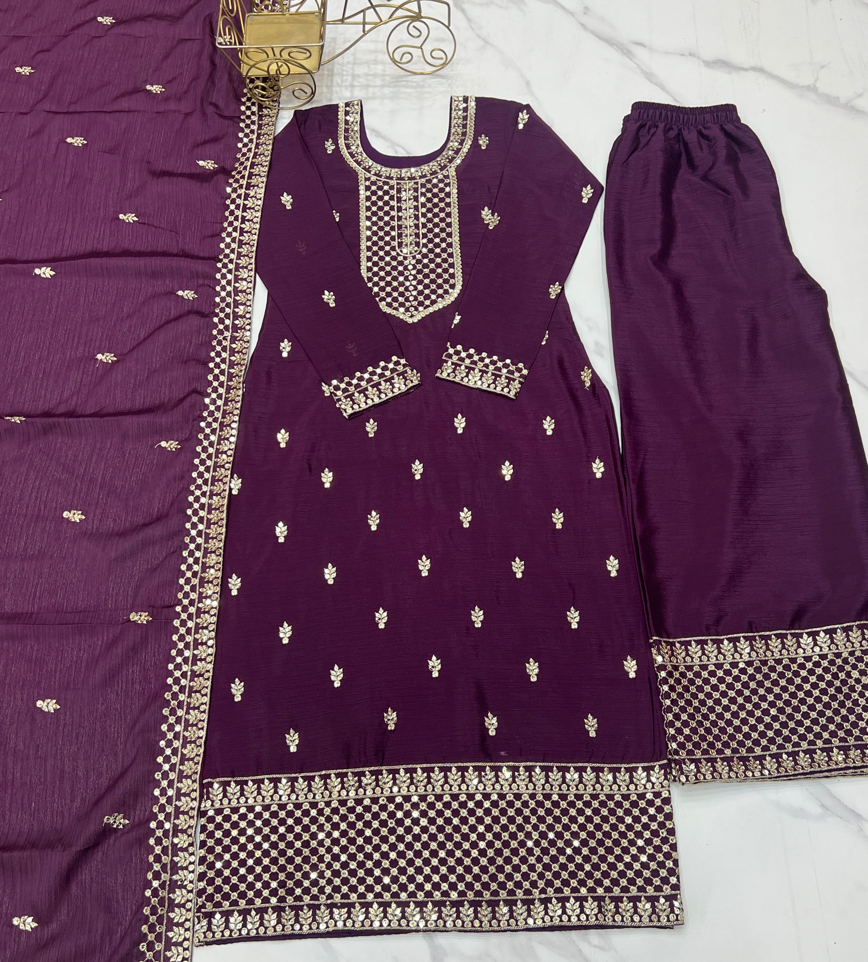 Lorenvalley Purple Chinon Silk Embroidery Sequence and Jari Work Kurta Trousers with Dupatta Set