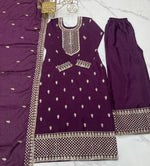 Thumbnail for Lorenvalley Purple Chinon Silk Embroidery Sequence and Jari Work Kurta Trousers with Dupatta Set
