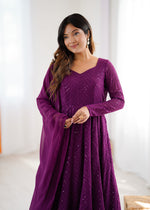 Thumbnail for Lorenvalley Purple Faux Georgette Lukhnowi Sequence Work Anarkali Kurta Pant With Dupatta Set