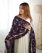 Thumbnail for Lorenvalley White Vichitra Silk Fabric Fully Flared Anarkali Pant With Dupatta Set - Distacart