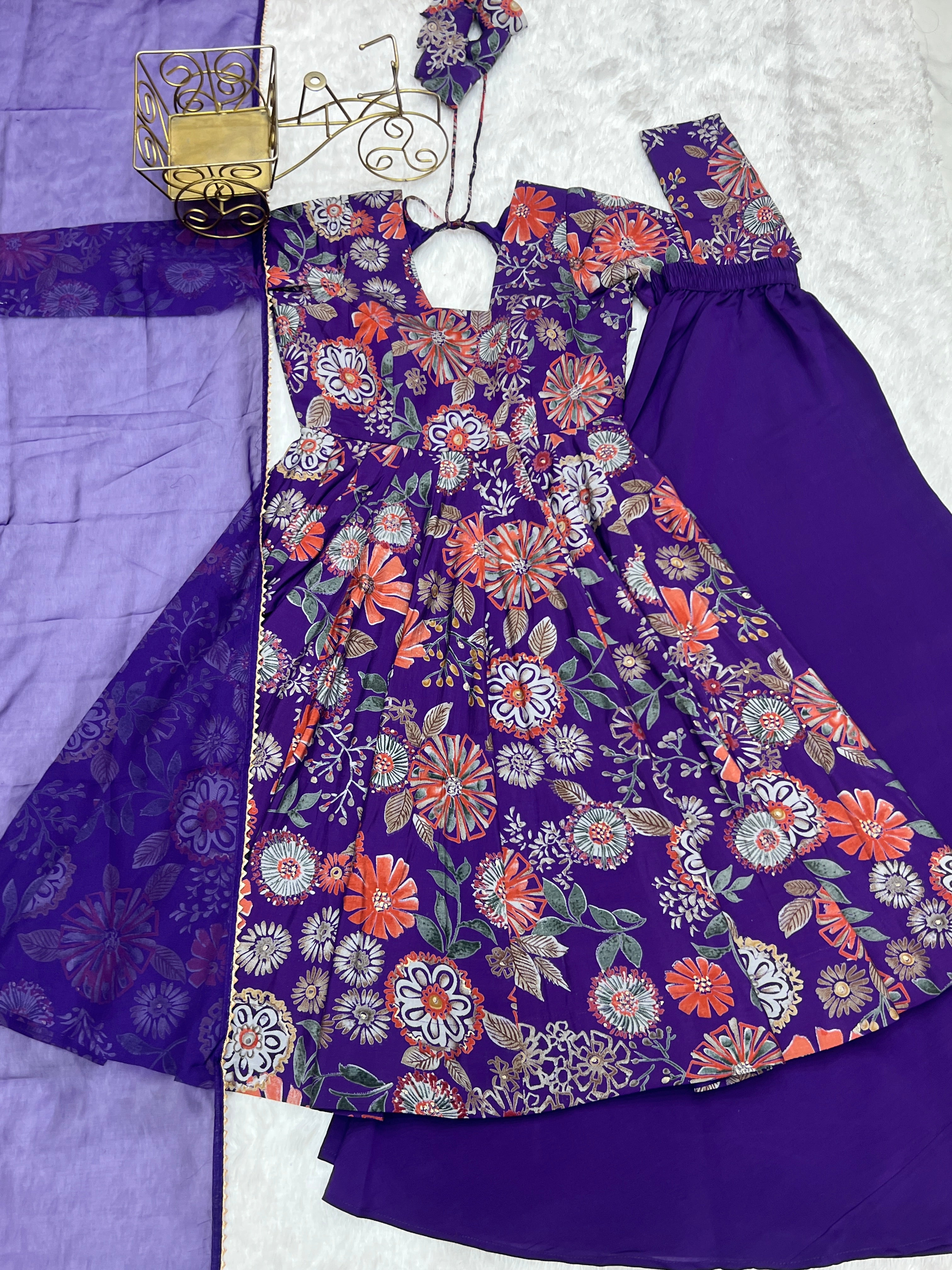 Lorenvalley Women Pure Soft Roman silk Chanderi Discharge Print Fabric Kediya Kurta Palazzo with Dupatta Set