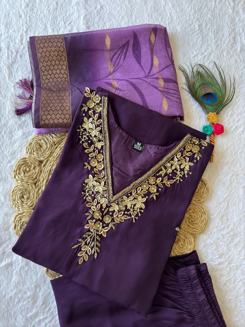 Lorenvalley Fashion Purple Roman Silk Hand Work Kurta Pant with Dupatta