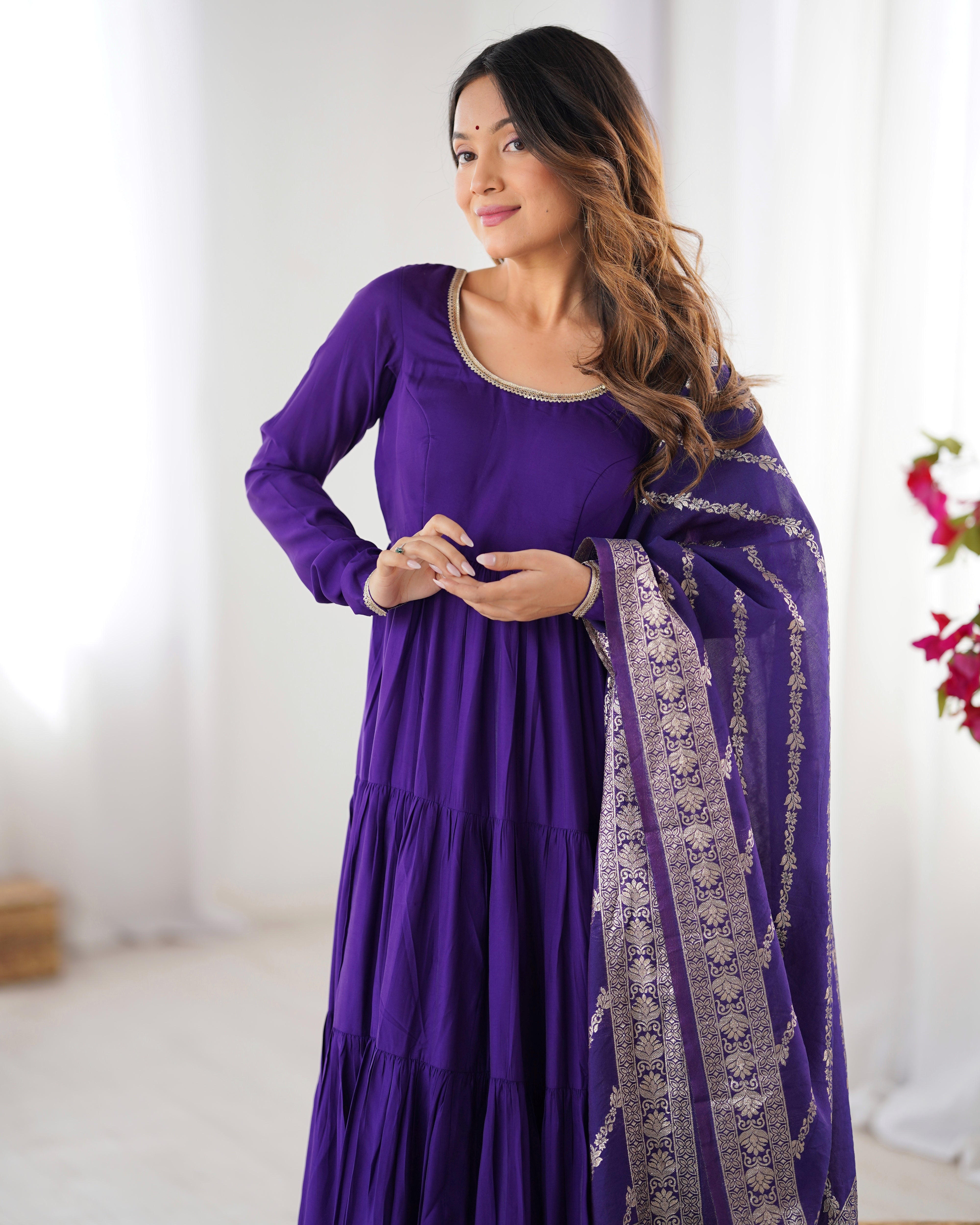 Lorenvalley Women Pure Roman silk Chanderi Fabric Layer Gathering Anarkali Kurta Pant With Dupatta Set