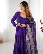Thumbnail for Lorenvalley Women Pure Roman silk Chanderi Fabric Layer Gathering Anarkali Kurta Pant With Dupatta Set