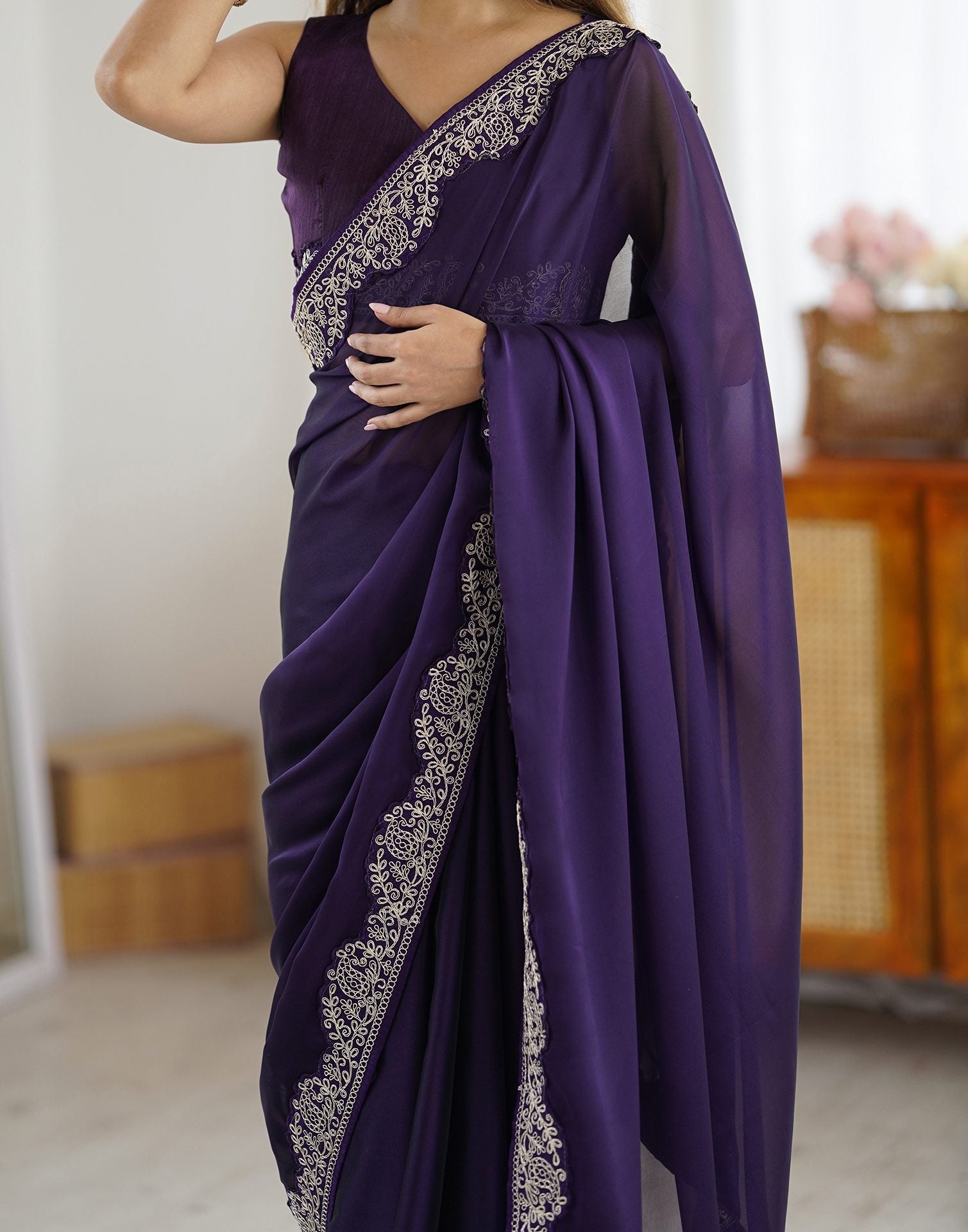 Lorenvalley Fashion Purple Rangoli Silk with Coding Lace Work Saree with Blouse