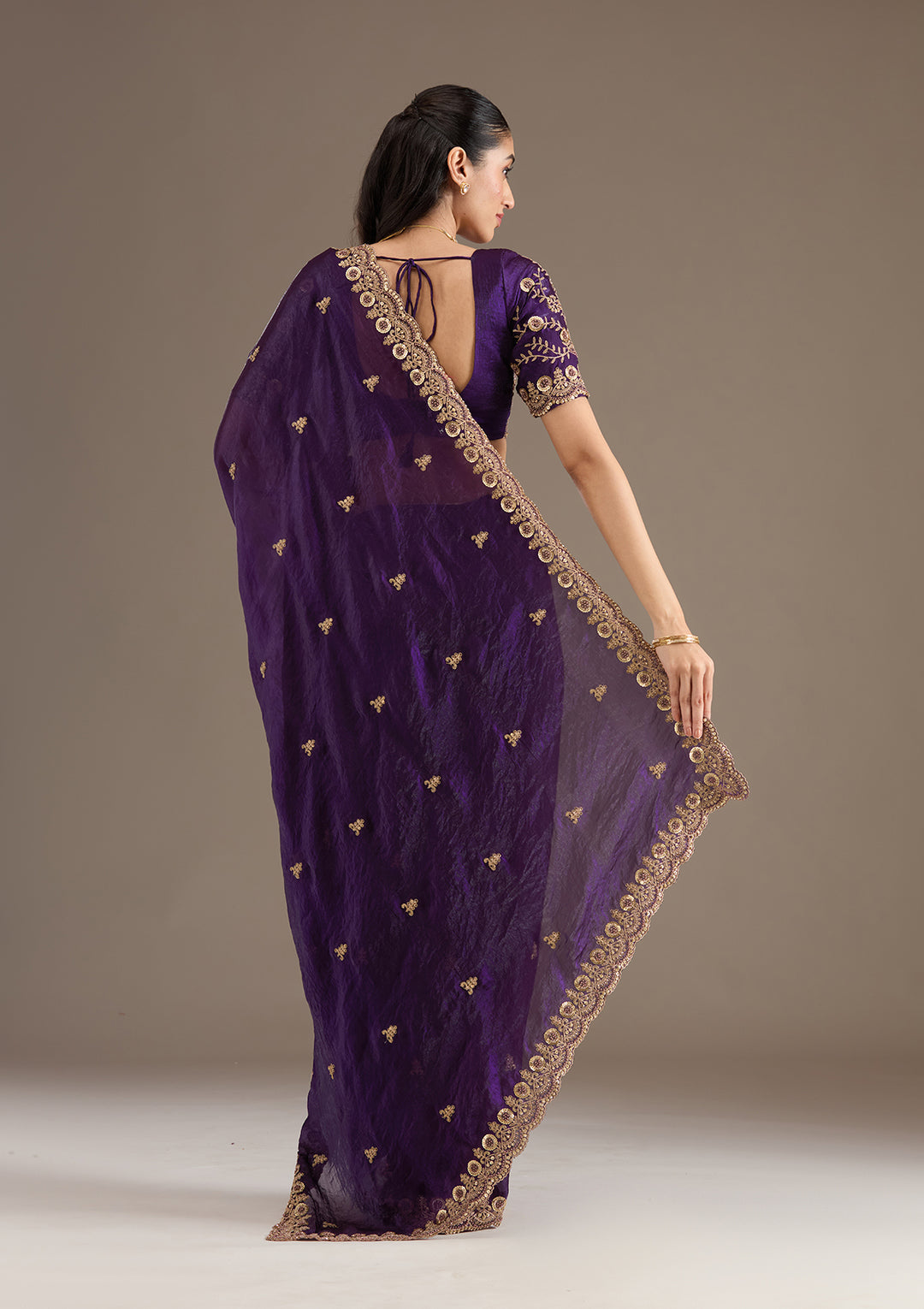 Lorenvalley Fashion Purple Fendi Satin with Embroidery Double Sequence Work Saree with Blouse