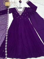 Thumbnail for Lorenvalley Purple Faux Georgette Fancy Embroidery Beads And Jari Work Anarkali Kurta Palazzo With Dupatta Set