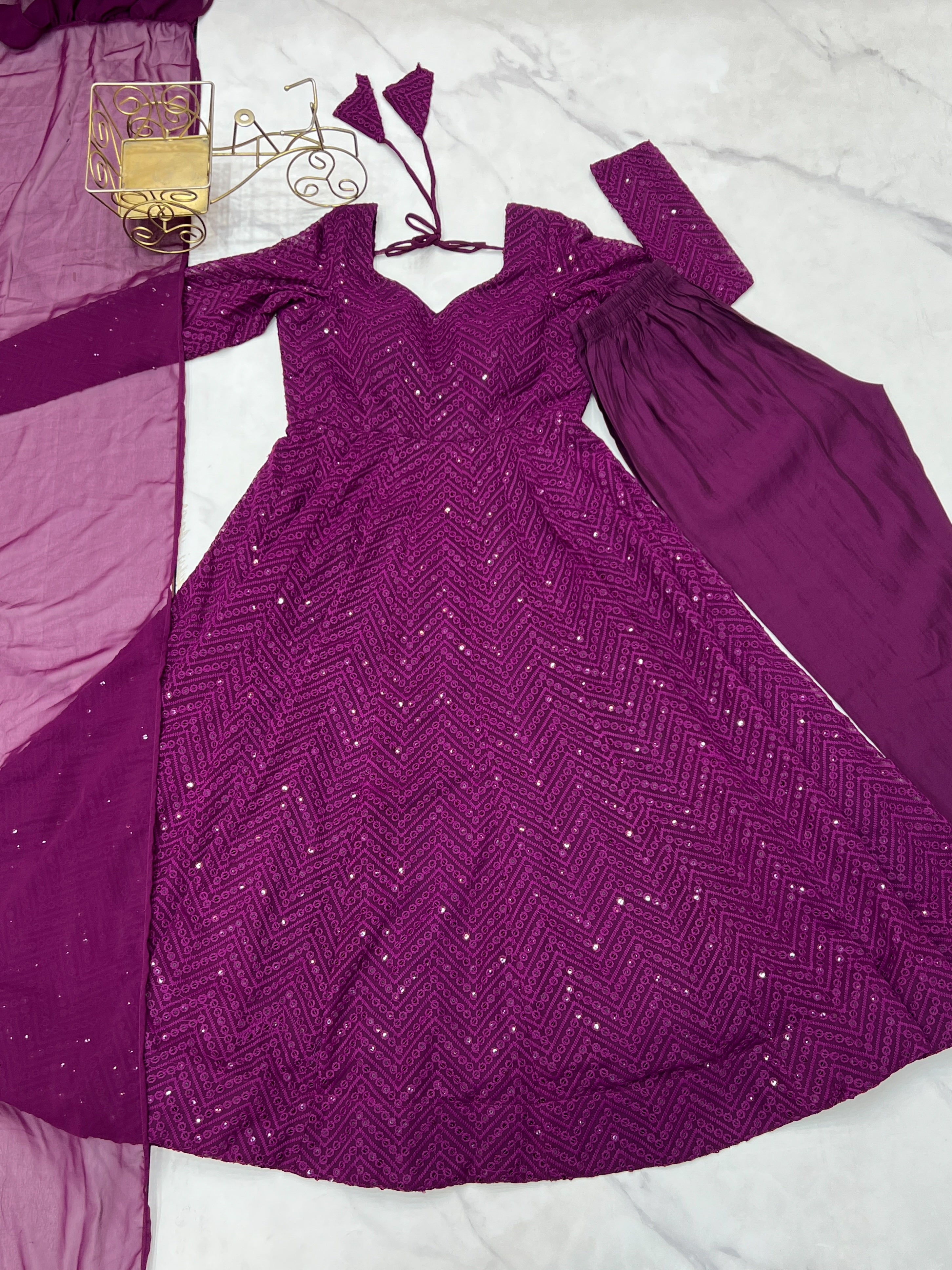 Lorenvalley Purple Faux Georgette Lukhnowi Sequence Work Anarkali Kurta Pant With Dupatta Set