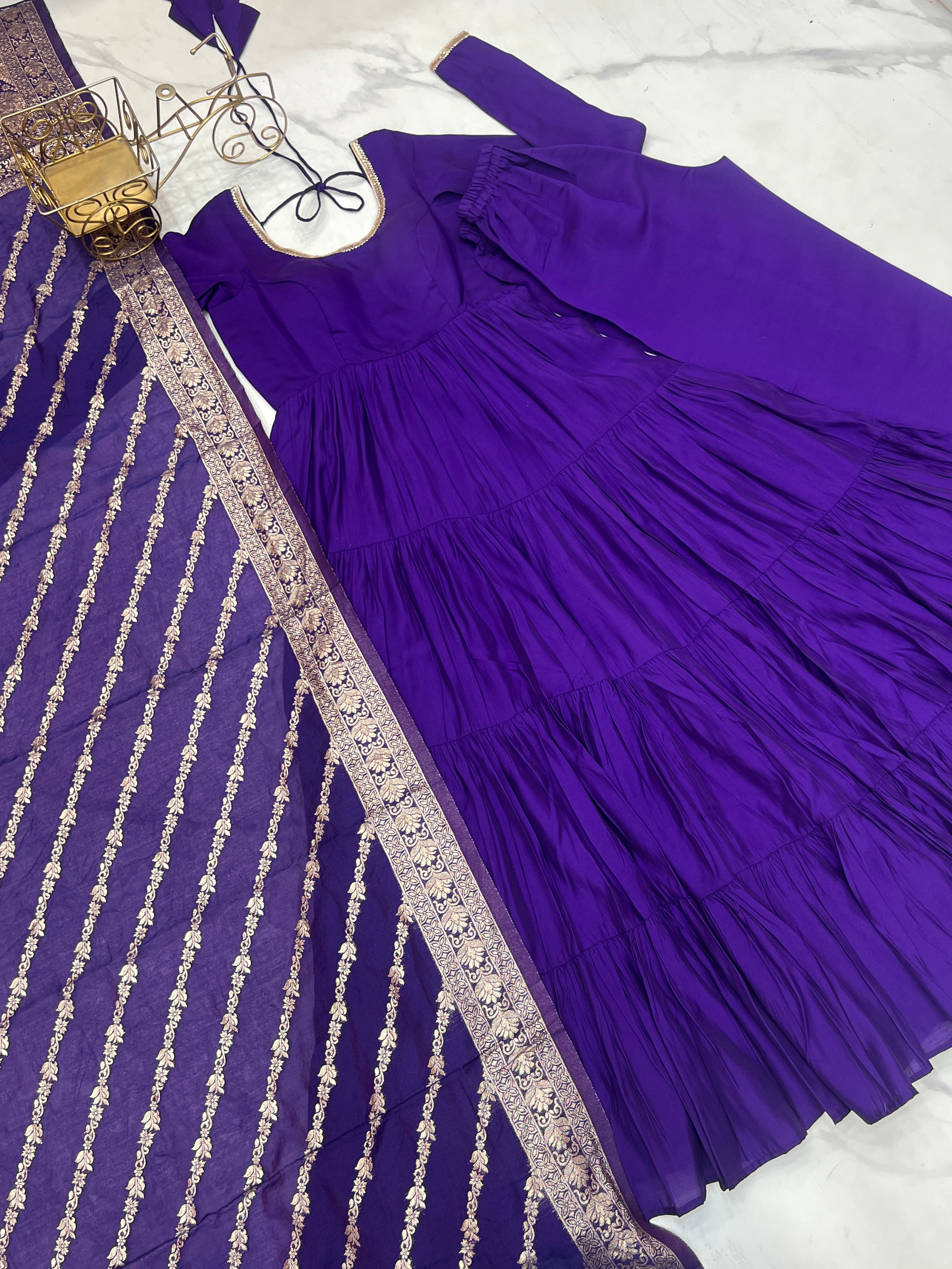 Lorenvalley Women Pure Roman silk Chanderi Fabric Layer Gathering Anarkali Kurta Pant With Dupatta Set