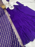 Thumbnail for Lorenvalley Women Pure Roman silk Chanderi Fabric Layer Gathering Anarkali Kurta Pant With Dupatta Set