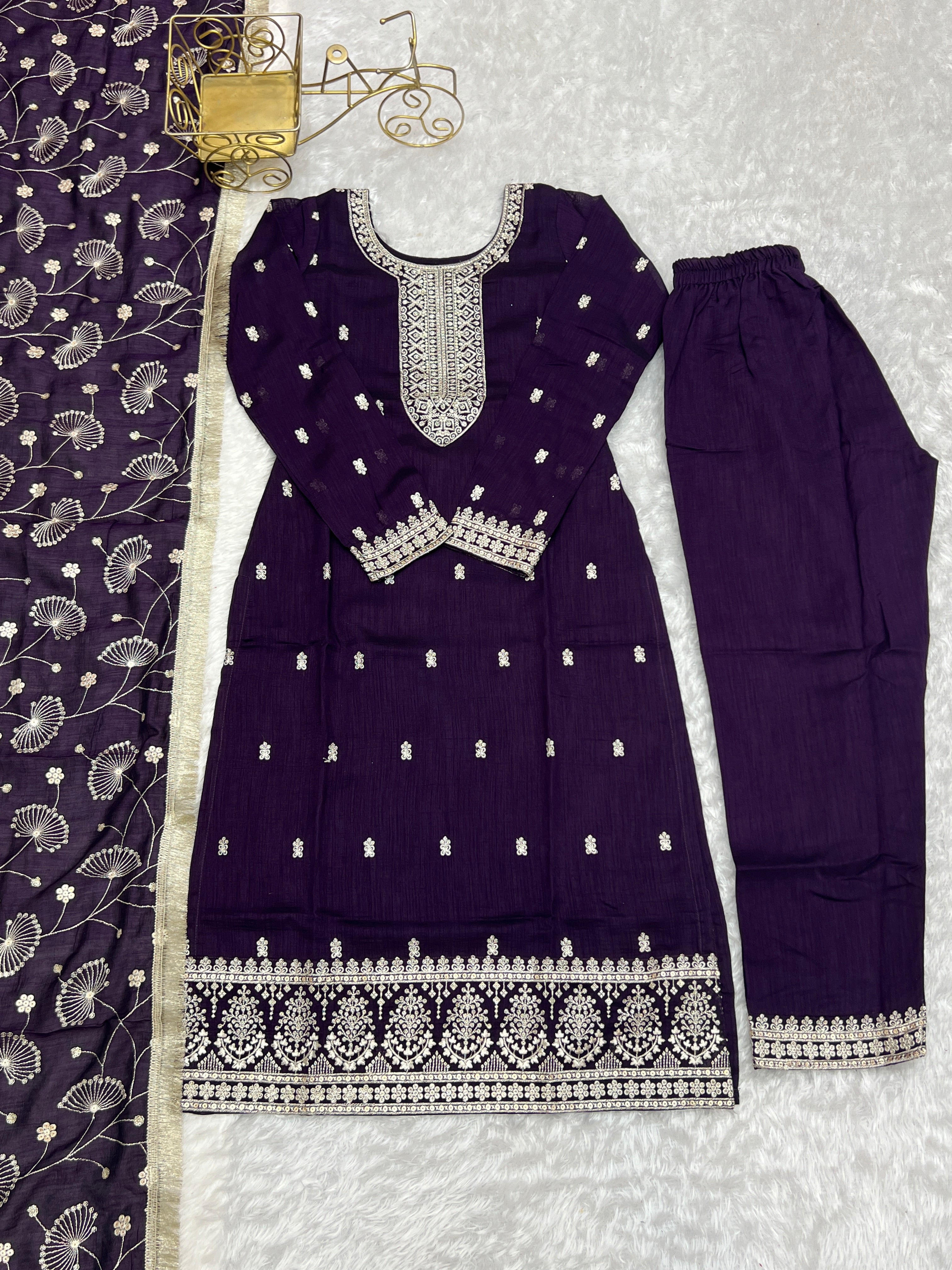Lorenvalley Purple Rangoli Silk Embroidery Sequence and Jari Work Kurta Trousers with Dupatta Set