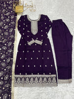 Thumbnail for Lorenvalley Purple Rangoli Silk Embroidery Sequence and Jari Work Kurta Trousers with Dupatta Set