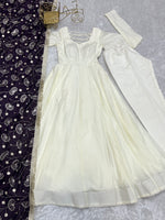 Thumbnail for Lorenvalley White Vichitra Silk Fabric Fully Flared Anarkali Pant With Dupatta Set - Distacart