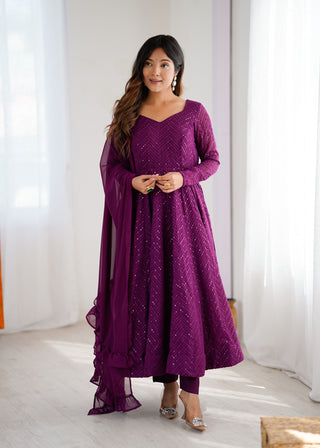 Lorenvalley Purple Faux Georgette Lukhnowi Sequence Work Anarkali Kurta Pant With Dupatta Set