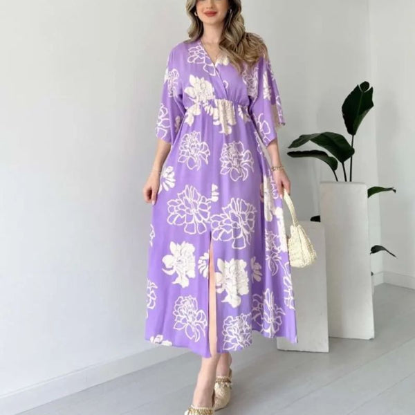 Pimu Front Slit Midi Dresses V-neck Designs For Women Party Wear - Purple