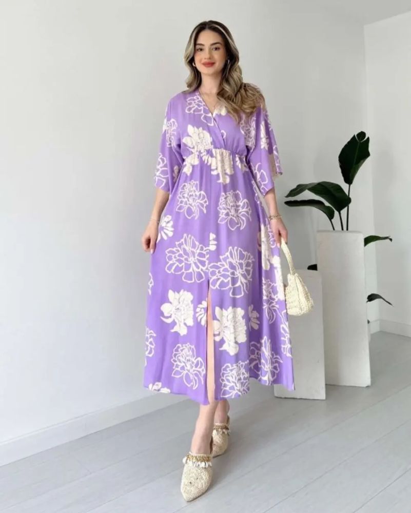 Pimu Front Slit Midi Dresses V-neck Designs For Women Party Wear - Purple - Distacart