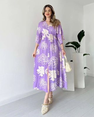 Pimu Front Slit Midi Dresses V-neck Designs For Women Party Wear - Purple