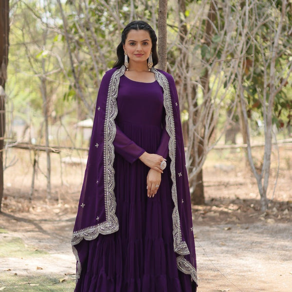 Evanik Purple Faux Blooming Gown With Dupatta With Rich Sequins Embroidered work
