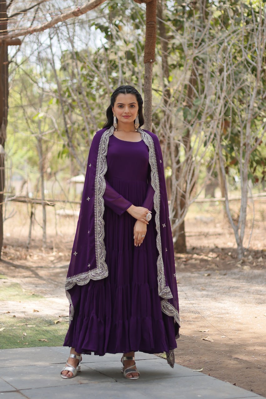 Evanik Purple Faux Blooming Gown With Dupatta With Rich Sequins Embroidered work - Distacart