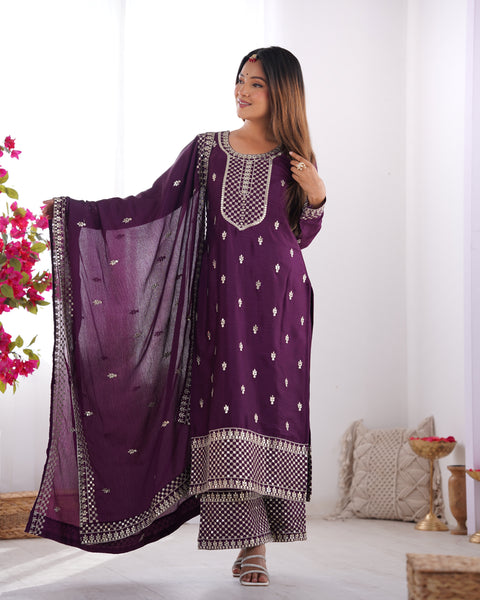 Lorenvalley Purple Chinon Silk Embroidery Sequence and Jari Work Kurta Trousers with Dupatta Set