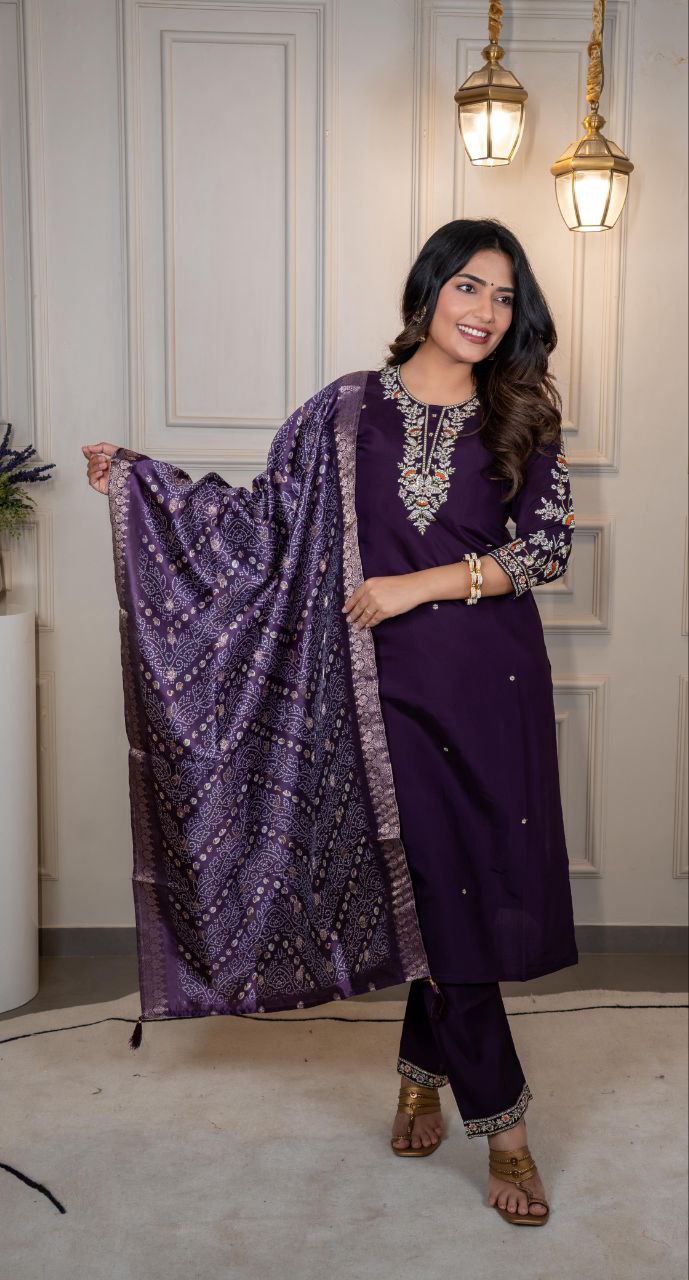 Lorenvalley Fashion Purple Roman Silk Embroidery Multi Work Kurta Pant with Dupatta