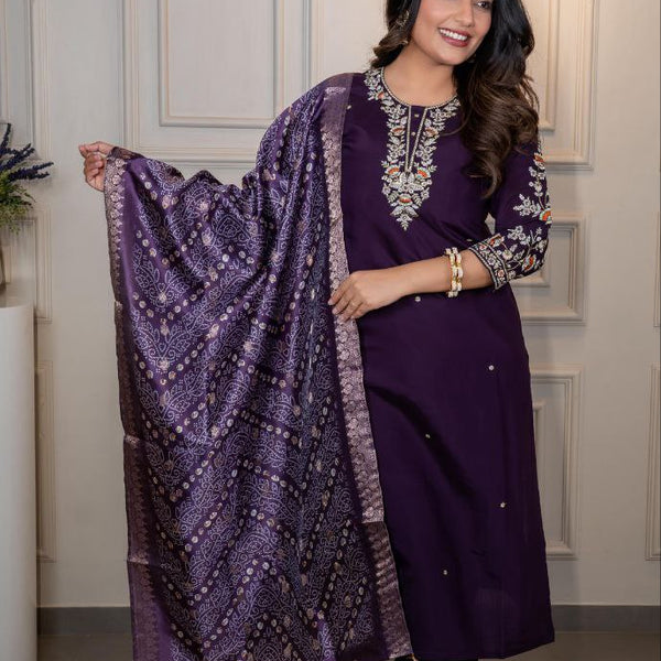 Lorenvalley Fashion Purple Roman Silk Embroidery Multi Work Kurta Pant with Dupatta - Distacart