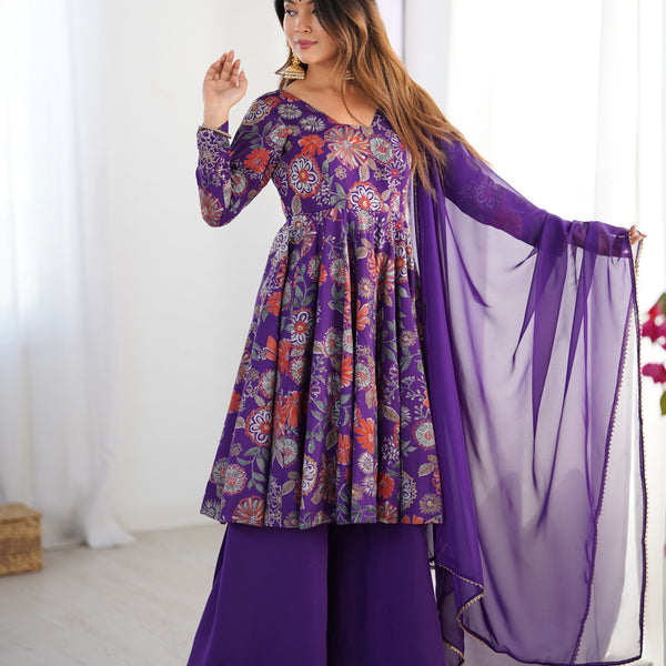 Lorenvalley Women Pure Soft Roman silk Chanderi Discharge Print Fabric Kediya Kurta Palazzo with Dupatta Set - Distacart