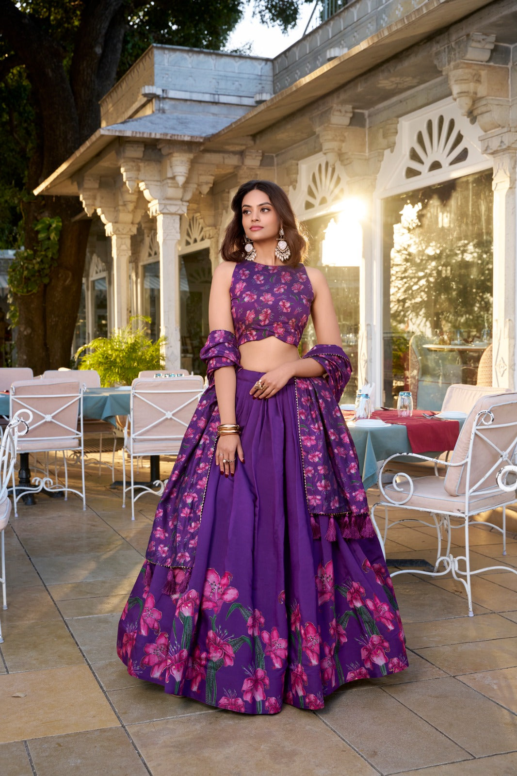 Lorenvalley Purple Tussar Silk Floral Print With Foil Work Lehenga Choli with Dupatta - Distacart