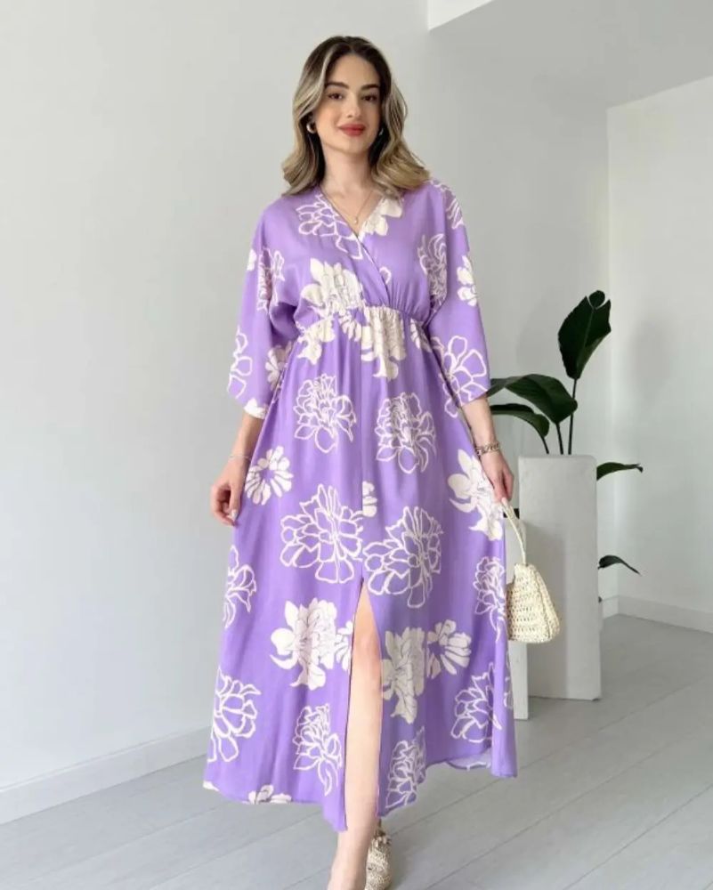 Pimu Front Slit Midi Dresses V-neck Designs For Women Party Wear - Purple