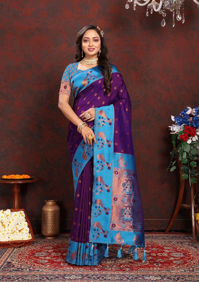 Lorenvalley Fashion Purple Soft Paithani Silk Woven Design Rich Zari Meenakari Weaving Saree - Distacart