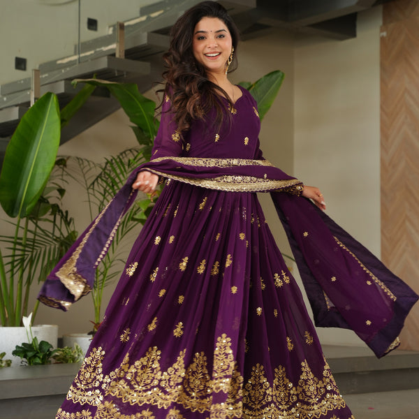Lorenvalley Fashion Purple Faux Georgette with Zari & Sequins Embroidered Work Anarkali Gown with Dupatta - Distacart