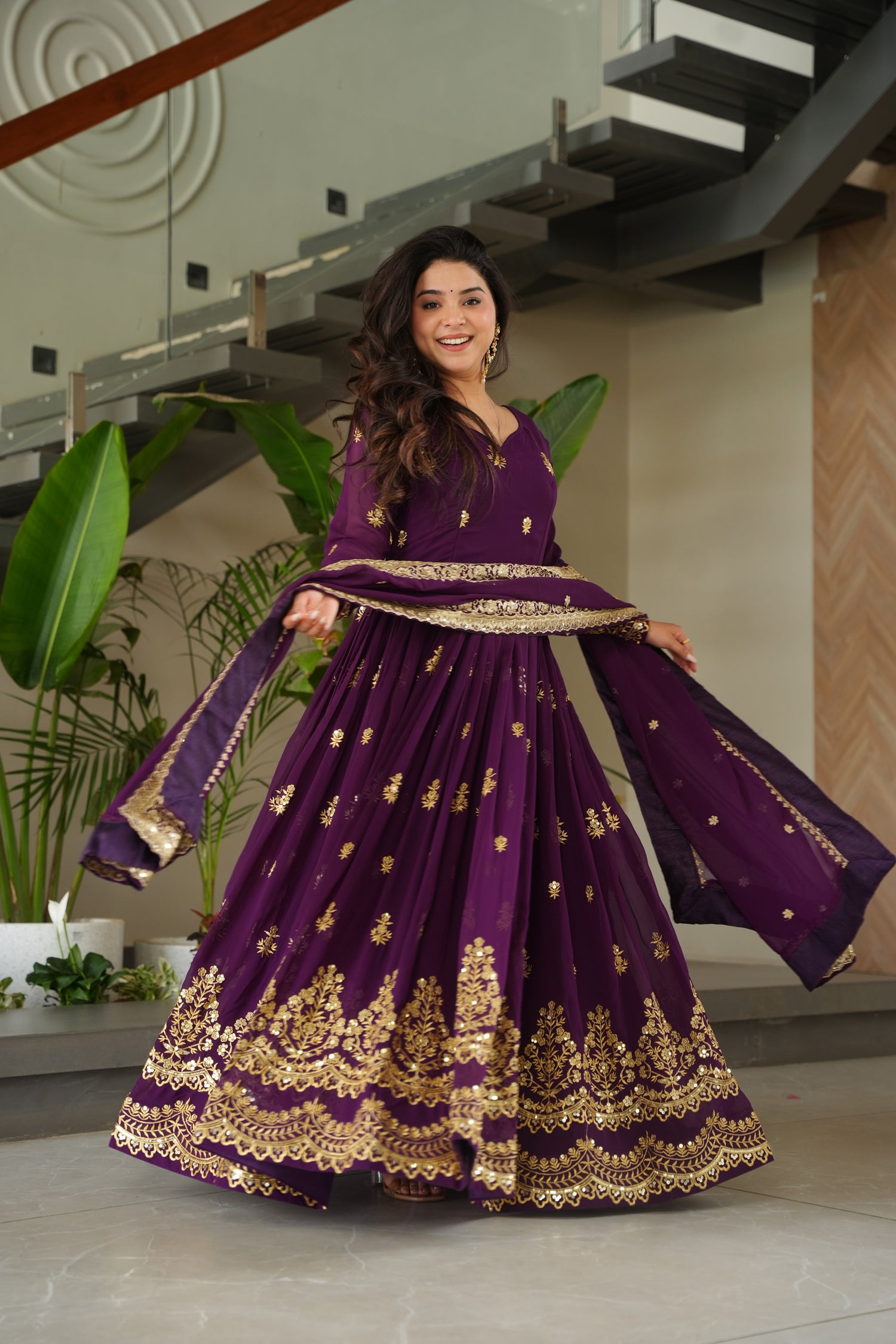 Lorenvalley Fashion Purple Faux Georgette with Zari & Sequins Embroidered Work Anarkali Gown with Dupatta - Distacart