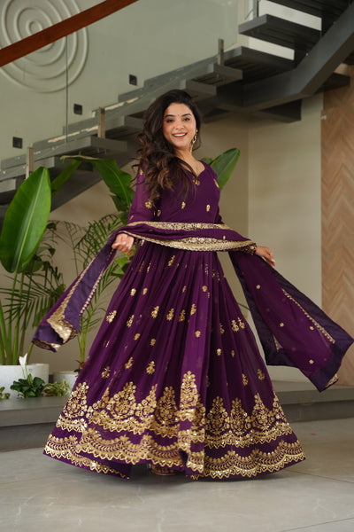 Lorenvalley Fashion Purple Faux Georgette with Zari & Sequins Embroidered Work Anarkali Gown with Dupatta