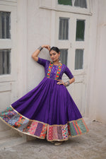 Thumbnail for Lorenvalley Fashion Purple Roman Silk with Thread with mirror work & Maslin Crochet Print Work Gown