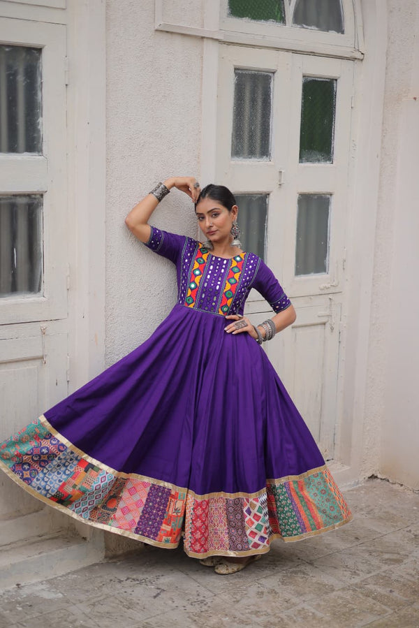 Lorenvalley Fashion Purple Roman Silk with Thread with mirror work & Maslin Crochet Print Work Gown