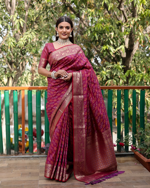 Lorenvalley Premium Bandhej Patola Silk Sarees with kanchi Borders and Contrast Zari Weaving borders Saree - Purple - Distacart