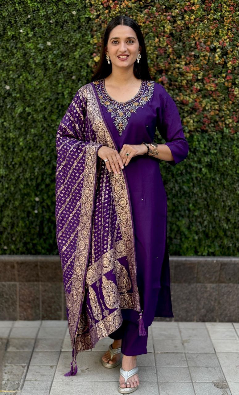 Lorenvalley Fashion Purple Roman Silk Hand Work Kurta Pant with Dupatta