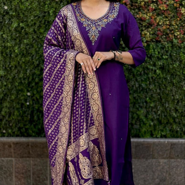Lorenvalley Fashion Purple Roman Silk Hand Work Kurta Pant with Dupatta - Distacart